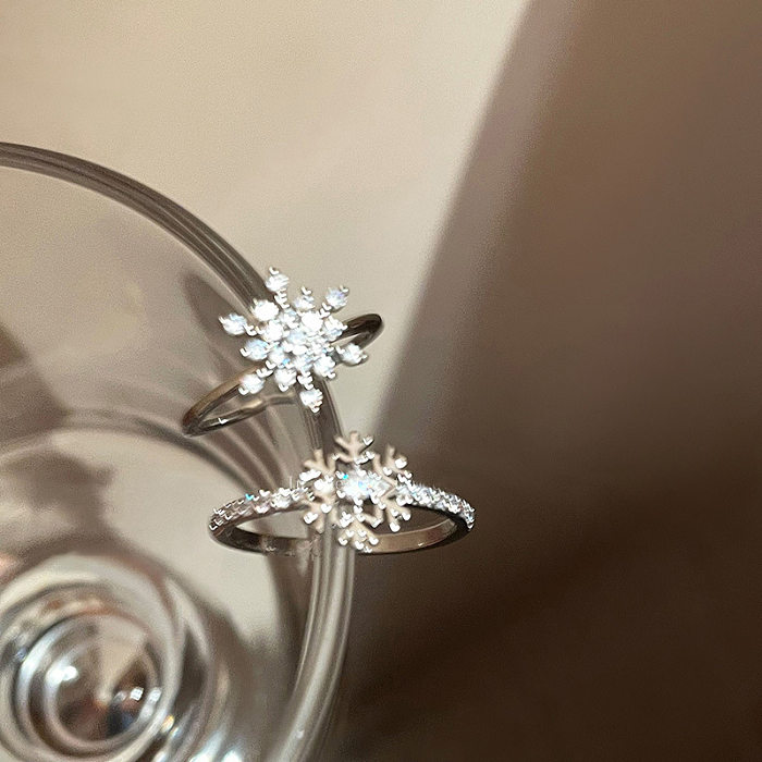 Simple Style Snowflake Copper Plating Inlay Zircon White Gold Plated Open Ring