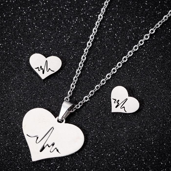 Women'S Fashion Heart Stainless Steel Pendant Necklace Ear Studs Plating Jewelry Sets