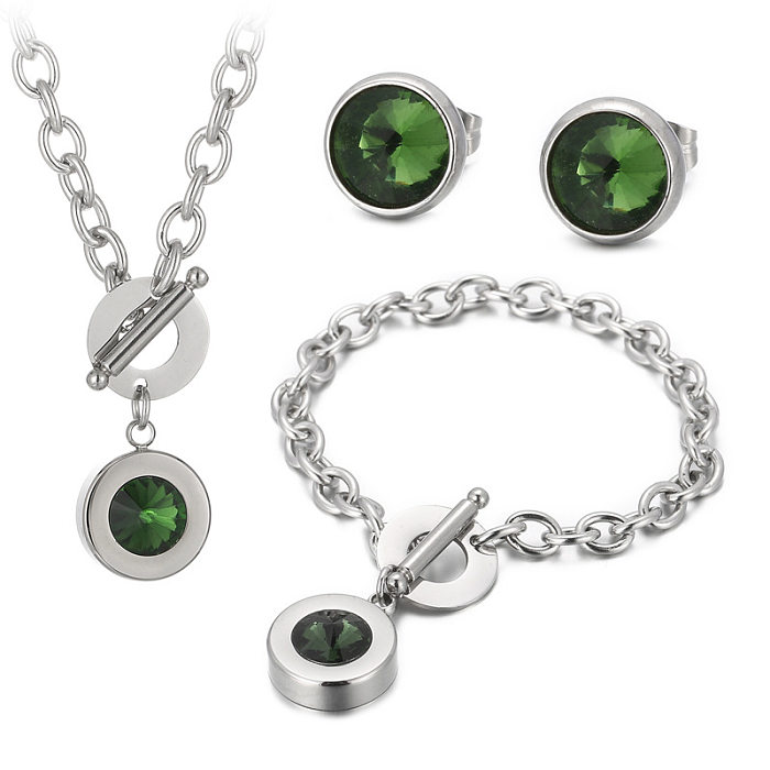 Fashion Round Stainless Steel Plating Inlay Artificial Gemstones Bracelets Earrings Necklace 1 Set
