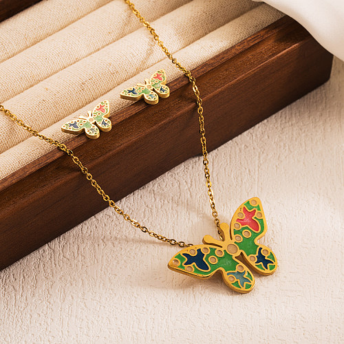 Elegante borboleta de aço inoxidável esmaltado banhado a ouro 18K colar de brincos femininos