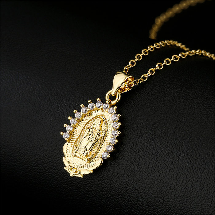 Retro Copper Plated Real Gold Zircon Virgin Mary Pendant Necklace Religious Gift