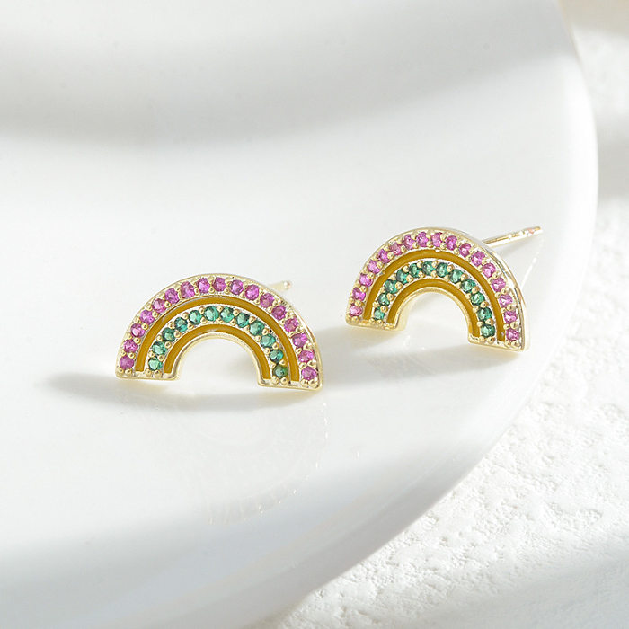 Sweet Rainbow Unicorn Copper Ear Studs Inlay Zircon Copper Earrings 3 Pairs