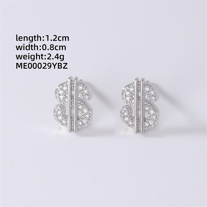 1 Pair Simple Style Four Leaf Clover Heart Shape Dollar Inlay Copper Zircon Ear Studs