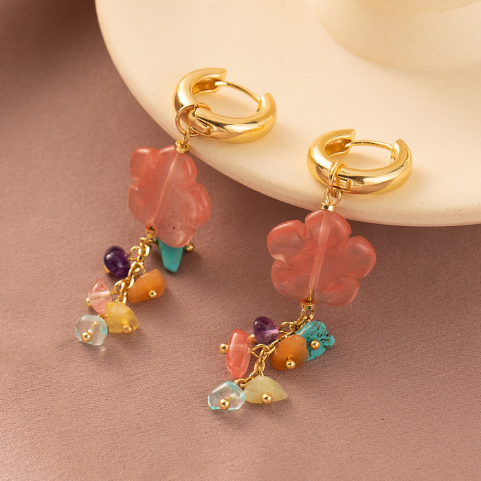 1 Pair Vintage Style Sweet Flower Plating Natural Stone Copper Drop Earrings