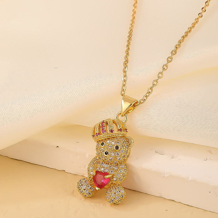 Cute Sweet Little Bear Copper Plating Inlay Zircon Gold Plated Pendant Necklace
