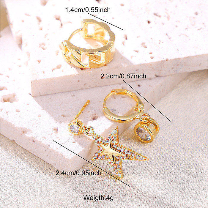 3 Pieces Set Elegant Streetwear Round Star Inlay Copper Zircon Ear Studs