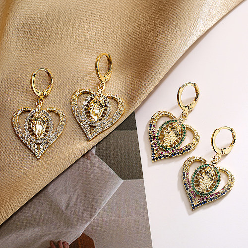 1 par estilo simples forma de coração chapeamento incrustação de cobre zircão brincos banhados a ouro 18K