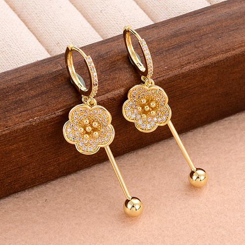 1 Paar modische, süße Blumen-Beschichtungs-Inlay-Kupfer-Zirkon-Ohrringe mit 14-Karat-Vergoldung