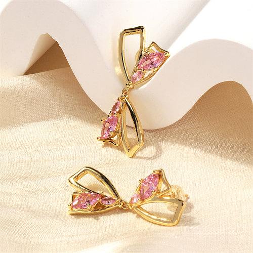 1 Pair Sweet Shiny Bow Knot Plating Inlay Copper Zircon 18K Gold Plated Earrings