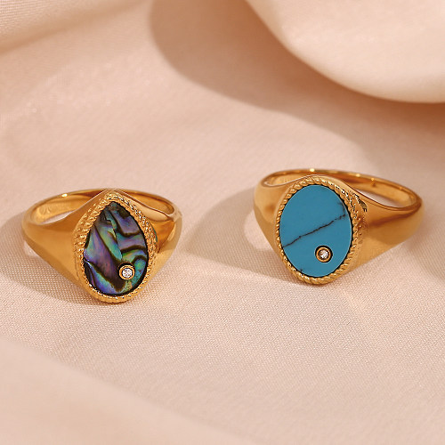 Retro Oval Water Droplets Stainless Steel Inlay Natural Stone Turquoise Rings