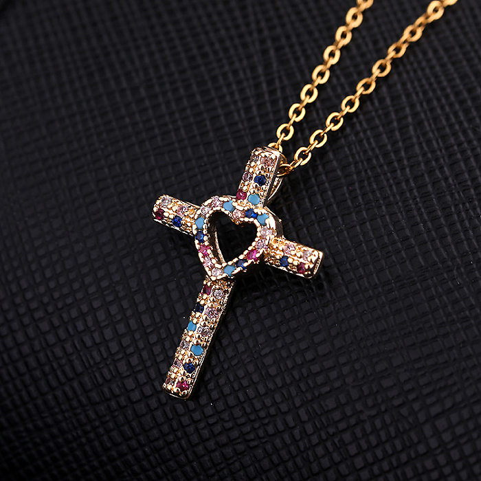 Collier pendentif en Zircon, Style Cool, croix brillante, en forme de cœur, placage de cuivre, incrustation ajourée