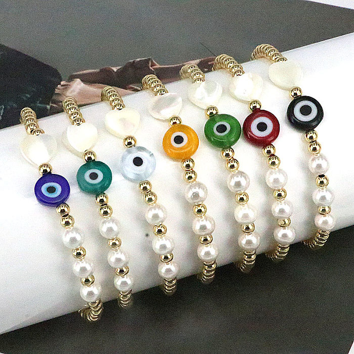 Hip-Hop Round Heart Shape Eye Imitation Pearl Rope Copper Beaded Gold Plated Shell Bracelets 1 Piece