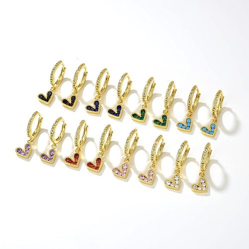 Einfache kleine herzförmige eingelegte farbige Zirkon-Kupfer-Ohrringe für Damen