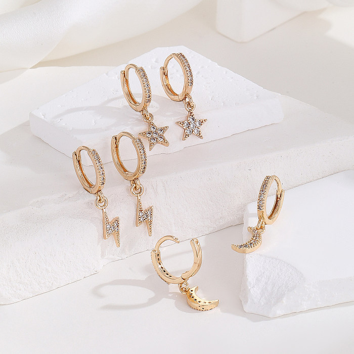 3 paires de boucles d'oreilles pendantes en cuivre et Zircon plaqué or, Style Simple, étoile, lune, incrustation de foudre