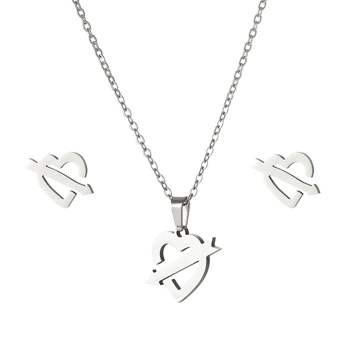 Sweet Heart Shape Titanium Steel Plating Earrings Necklace 1 Set