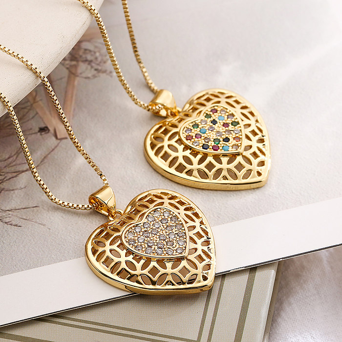 Simple Style Commute Heart Shape Copper Plating Hollow Out Inlay Zircon 18K Gold Plated Pendant Necklace