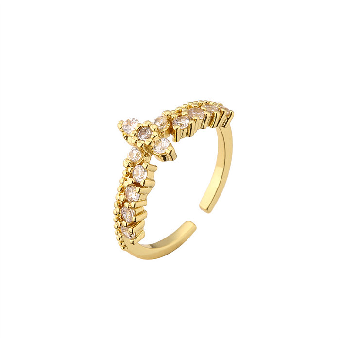 خاتم فاشن ستار بيضاوي الشكل على شكل قلب نحاس مطلي بالذهب وزركون مفتوح قطعة واحدة