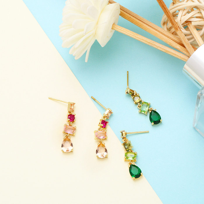 1 Pair Retro Geometric Copper Plating Inlay Zircon 18K Gold Plated Drop Earrings