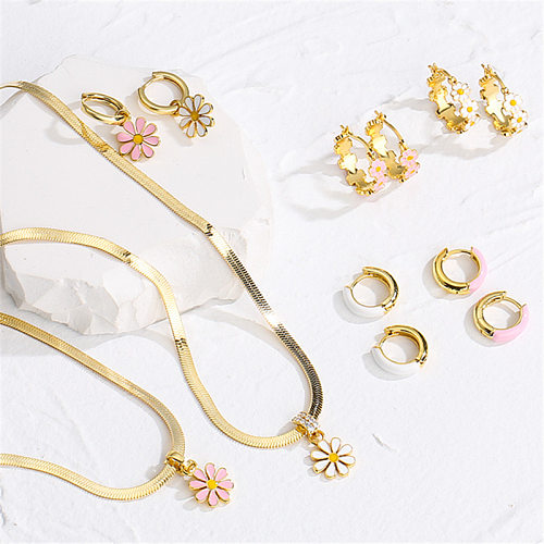 Halskette mit Ohrringen und Ohrringen aus Kupfer mit niedlichen modischen Blumen und künstlichen Edelsteinen für Damen