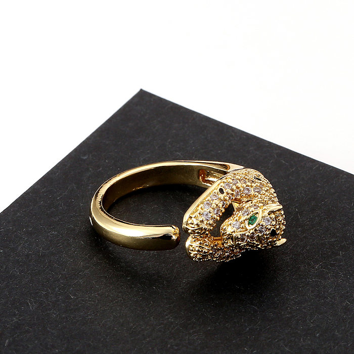 Anel de cauda aberta de leopardo exagerado banhado a ouro de cobre da moda