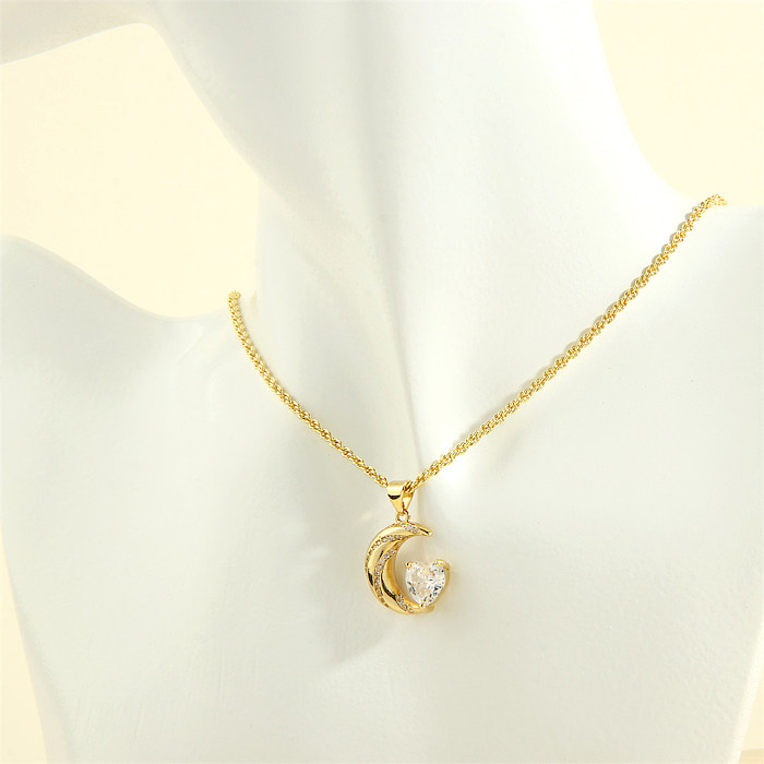 Luxurious Shiny Moon Heart Shape Copper 18K Gold Plated Zircon Pendant Necklace In Bulk
