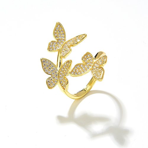 Moda simples chapeamento de cobre 18K anel de zircão aberto em forma de borboleta dourada