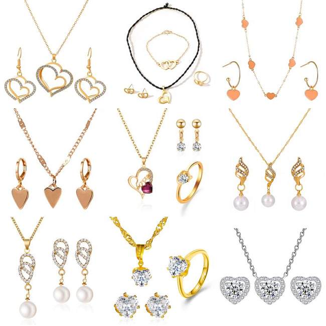 Luxuriöse Damen-Ohrring-Halskette mit glänzender Herzform, Kupfer-Inlay, Strasssteinen, Perle und Zirkon, 18 Karat vergoldet