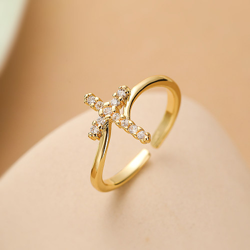 Simple Style Commute Cross Copper Plating Inlay Zircon 18K Gold Plated Open Rings