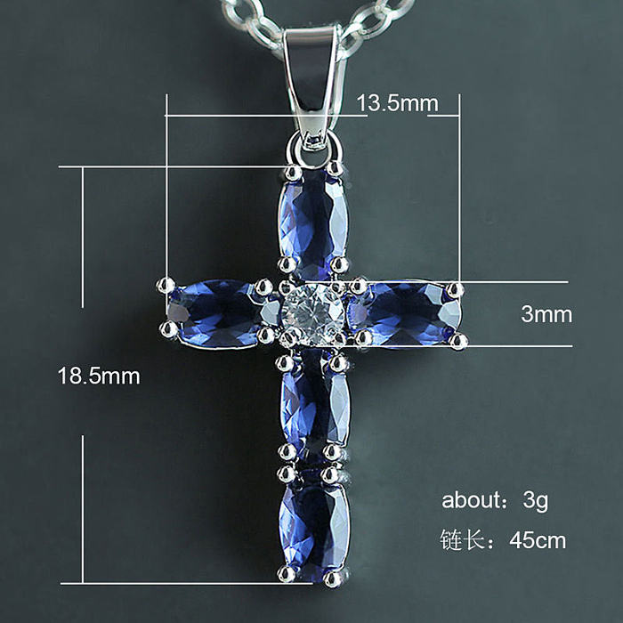 Fashion Simple Copper Inlaid Blue Oval Zircon Cross Pendant Necklace