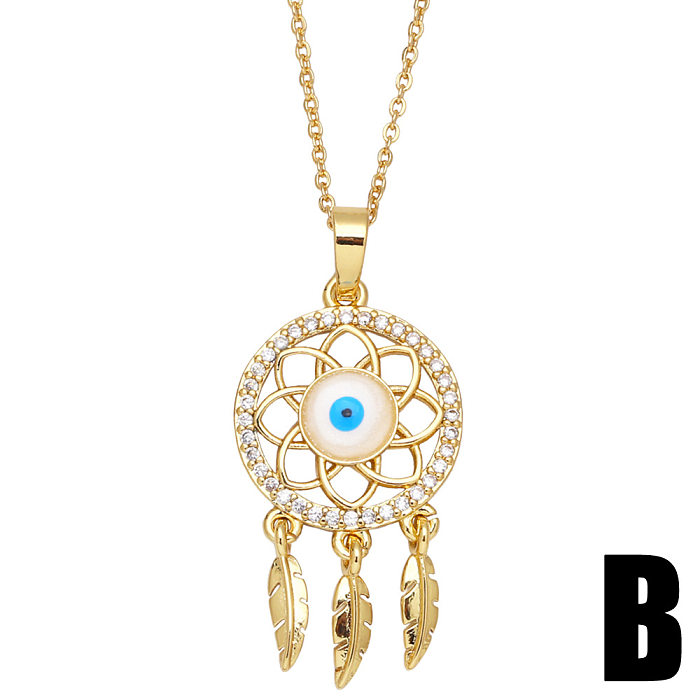 Fashion Zircon-studded Hollow Geometric Feather Tassel Dream Catcher Copper Necklace