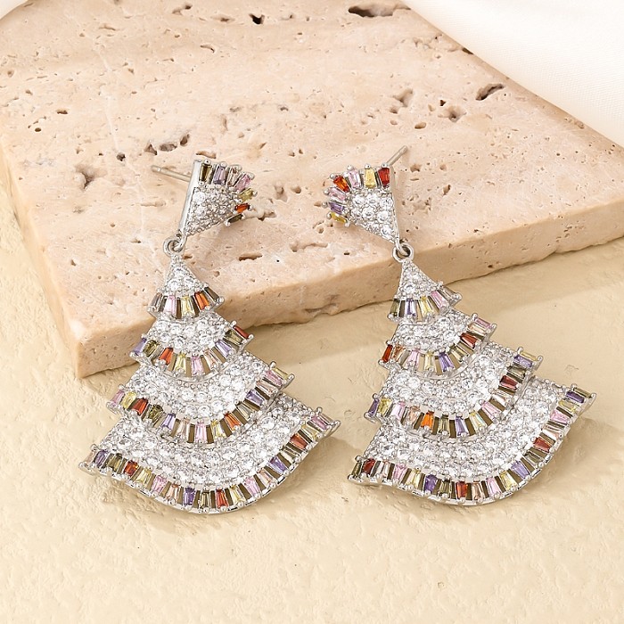 Casual Shiny Sector Copper Plating Inlay Zircon White Gold Plated Earrings Necklace