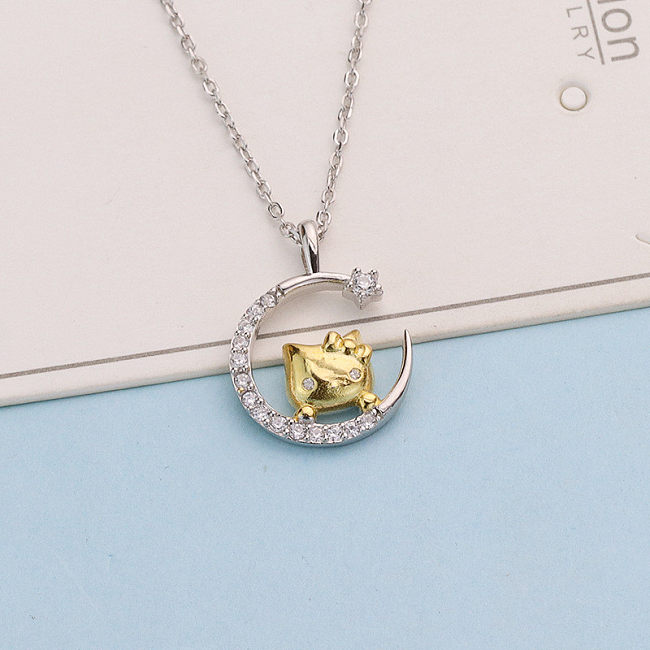 Style Simple étoile lune chat cuivre placage incrustation diamant artificiel plaqué or argent plaqué pendentif collier