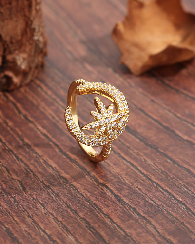 Glam Shiny Star Moon Copper Plating Inlay Zircon 18K Gold Plated Rings