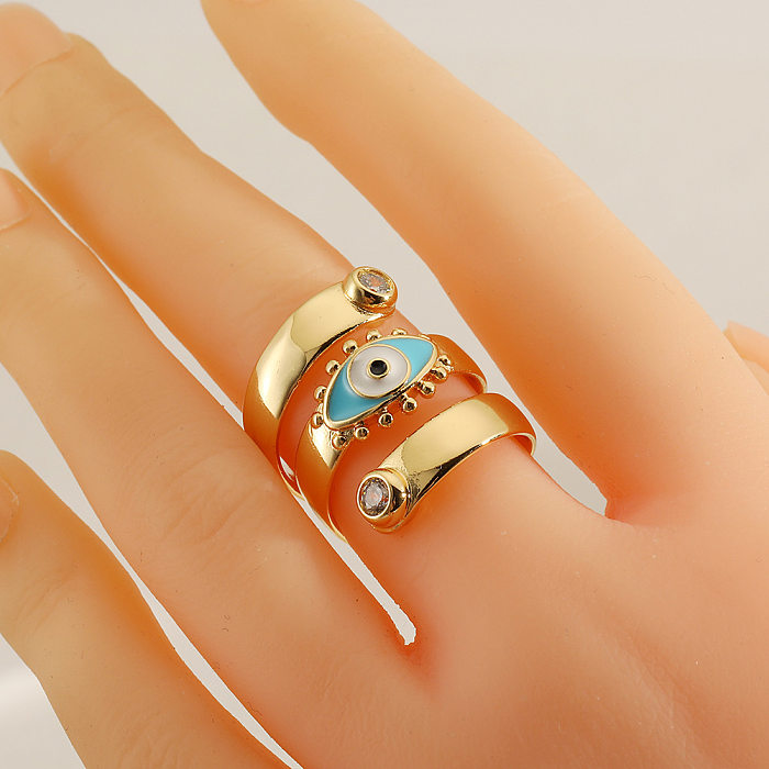 Anillos de cobre con circonita esmaltada y anillo abierto de cobre con ojo de diablo geométrico a la moda