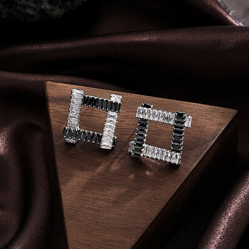 1 Pair Simple Style Streetwear Color Block Square Plating Inlay Copper Zircon Silver Plated Ear Studs