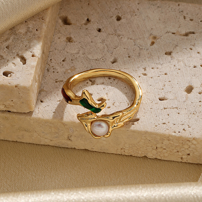 Lässige, runde offene Ringe im IG-Stil mit Kupfer-Email-Beschichtung, Inlay, Perle und 18 Karat Gold