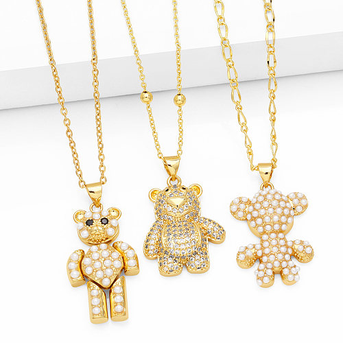 Niedliche kleine Bären-Kupfer-Halskette mit 18 Karat vergoldeten Perlen und Zirkon-Anhänger in großen Mengen