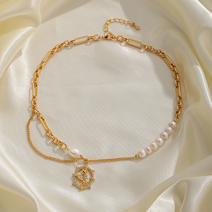 Collar de pulseras chapado en oro de 18 quilates con incrustaciones de perlas de agua dulce con incrustaciones de cobre rosa irregular de estilo simple