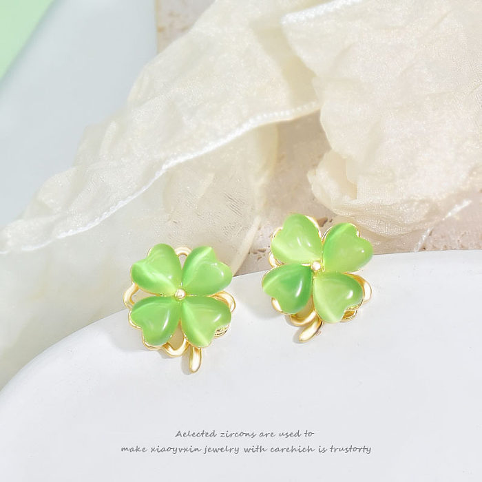 Fashion Four Leaf Clover Heart Shape Titanium Steel Plating Inlay Rhinestones Opal Rings Earrings Necklace