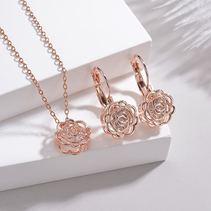 Modern Style Flower Alloy Copper Plating Inlay Zircon Gold Plated Earrings Necklace