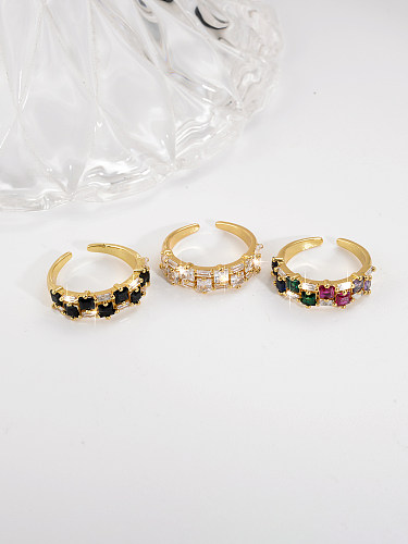 Offener Ring im Retro-Stil mit künstlerischem, farbenfrohem, quadratischem, verkupfertem Inlay aus Zirkon und 18 Karat vergoldetem offenem Ring