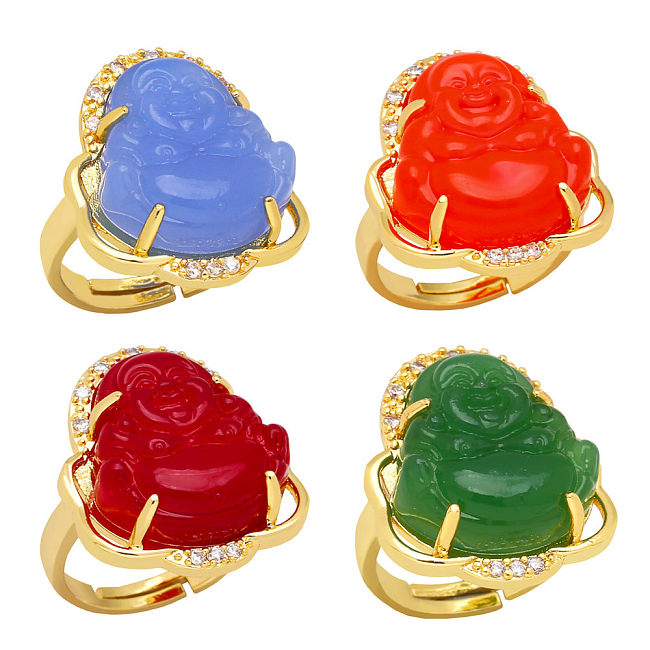 Chinoiserie Buddha Copper Open Ring Plating Glass Copper Rings