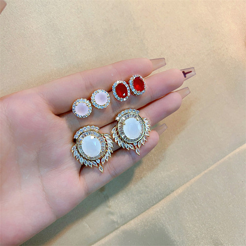 1 Piece Sweet Simple Style Round Oval Plating Inlay Copper Zircon Gold Plated Ear Studs
