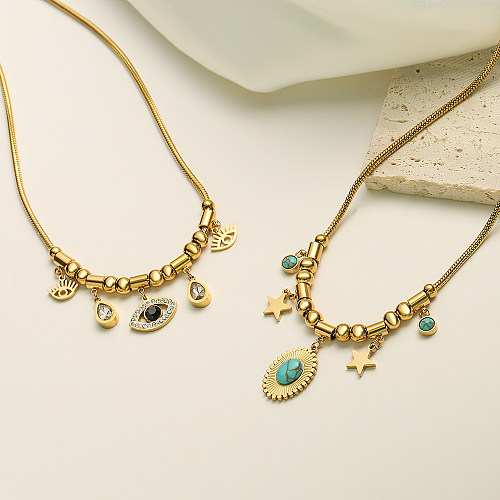1 Piece Retro Star Eye Copper Plating Inlay Turquoise Zircon 18K Gold Plated Pendant Necklace