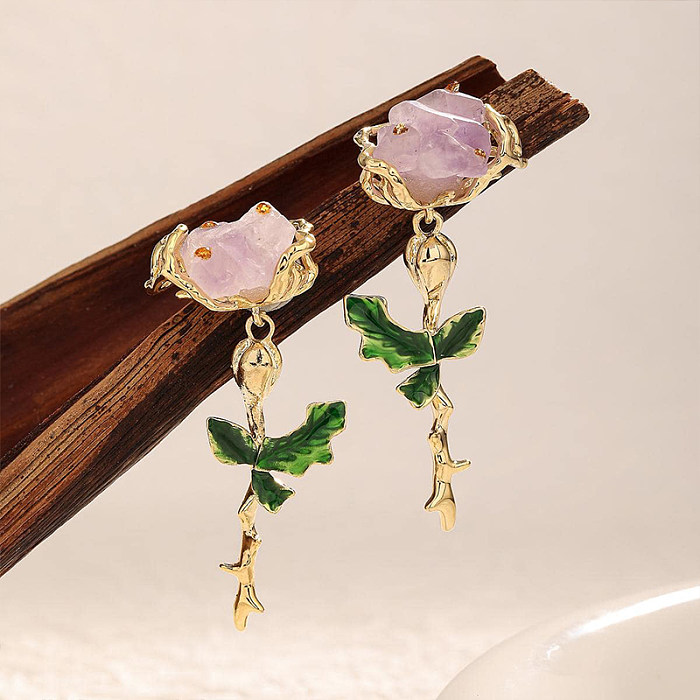 1 Pair Elegant Korean Style Leaves Flower Enamel Inlay Copper Artificial Gemstones Drop Earrings