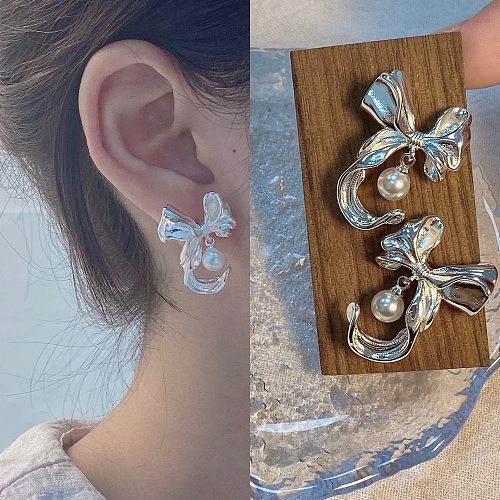 1 paire de boucles d'oreilles en cuivre plaqué de perles, Style Simple et doux, nœud papillon