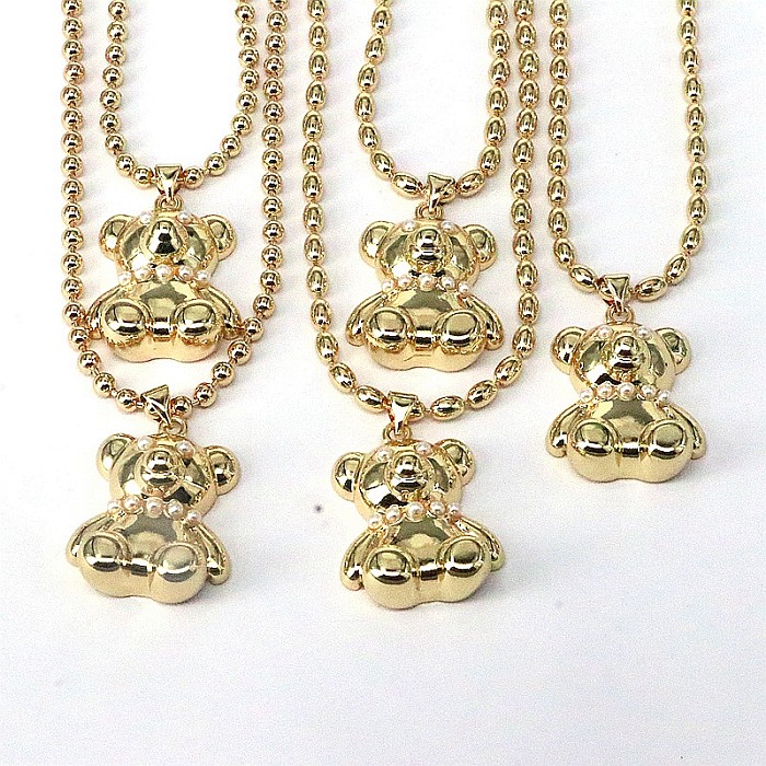 Lässige Hip-Hop-Anhänger-Halskette „Little Bear“ mit Kupferbeschichtung und Inlay-Perlenvergoldung