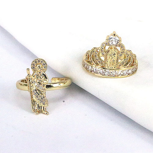 Fashion Portrait Crown Copper Gold Plated Inlay Zircon Open Ring 1 Piece