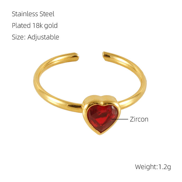 Casual Cute Square Heart Shape Flower Stainless Steel Plating Inlay Zircon 18K Gold Plated Open Ring