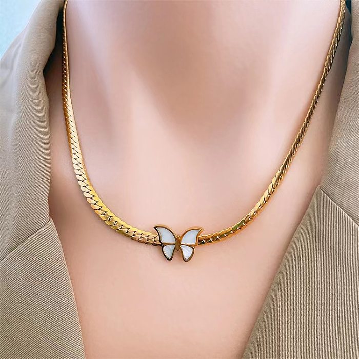 Estilo vintage borboleta titânio chapeamento de aço inlay shell 18K banhado a ouro pulseiras colar